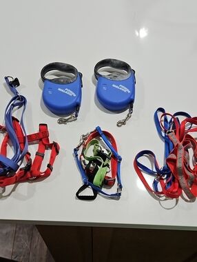 Blue Retractable Dog Leashes with Multi-Color Harnesses NOS